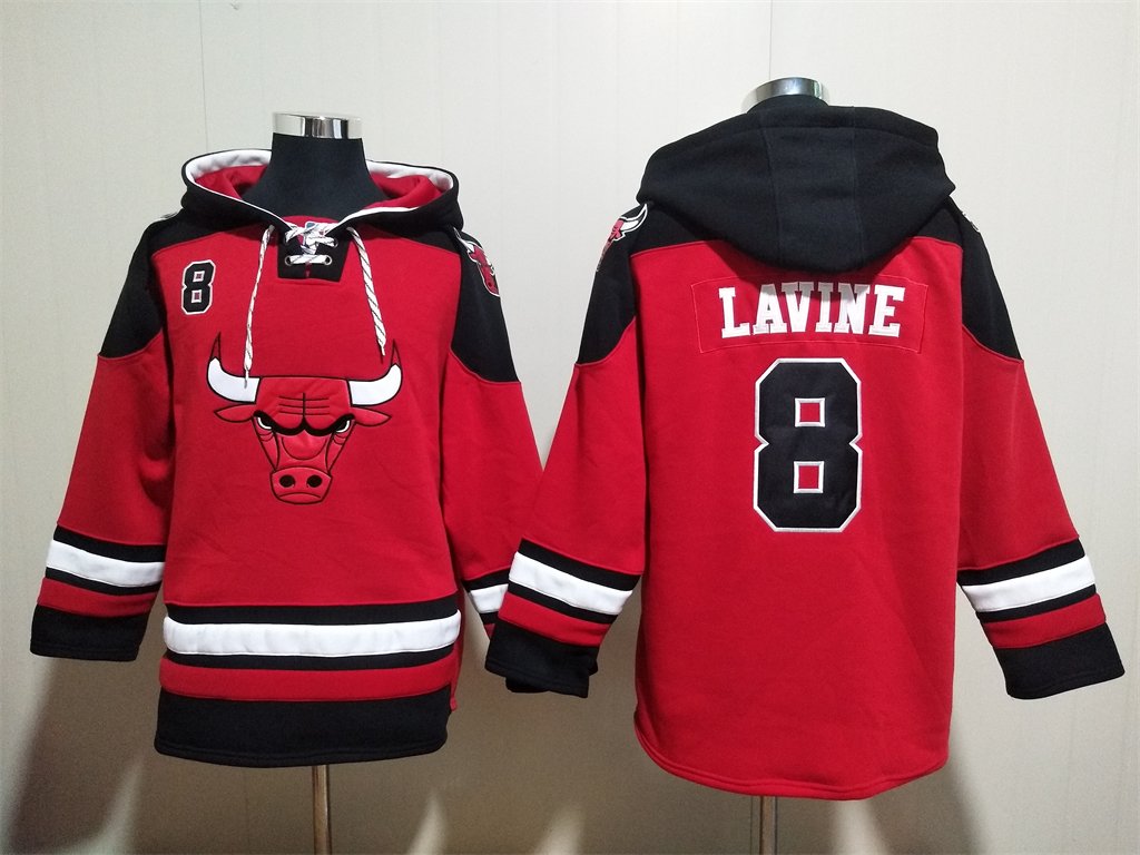 Men's Chicago Bulls #8 Zach LaVine Red Lace-Up Pullover Hoodie Jersey