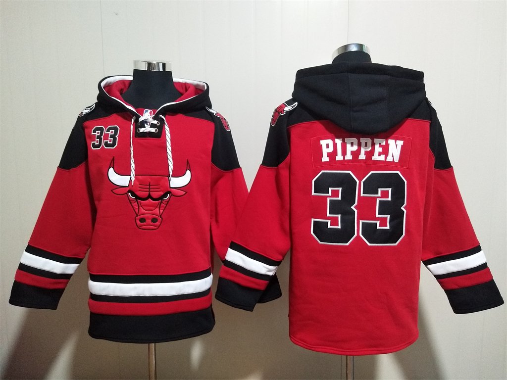 Men's Chicago Bulls #33 Scottie Pippen Red Lace-Up Pullover Hoodie Jersey