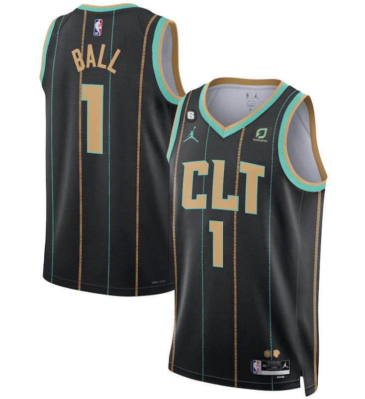 Charlotte Hornets #1 LaMelo Ball Black 2022/23 City Edition No.6 Patch Stitched Basketball Jersey