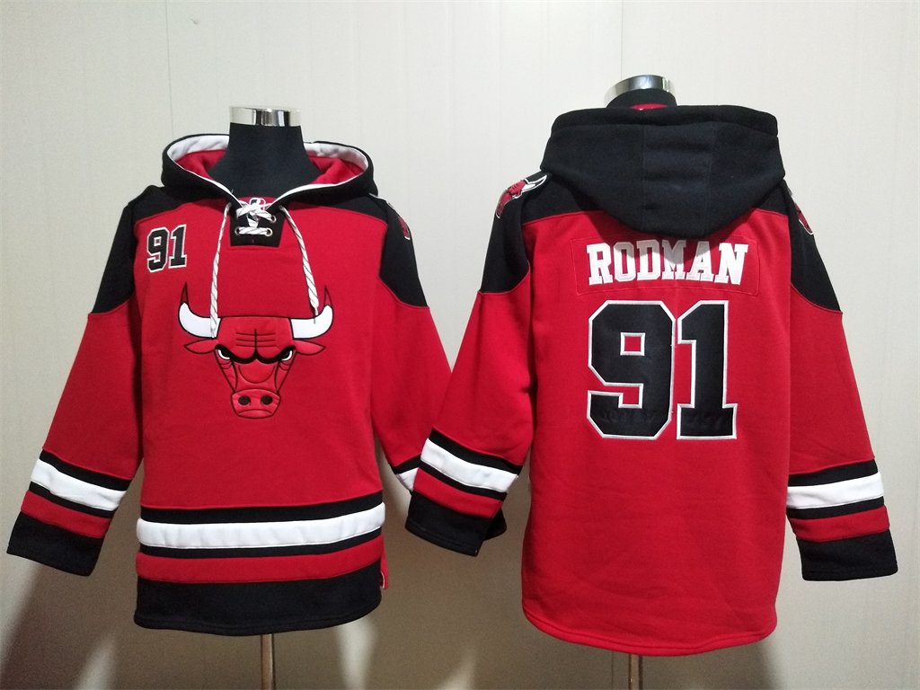 Men's Chicago Bulls #91 Dennis Rodman Red Lace-Up Pullover Hoodie Jersey