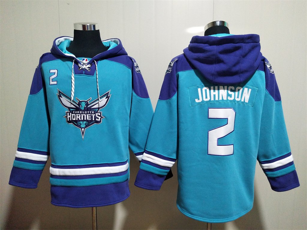 Men's Charlotte Hornets #2 Larry Johnson Teal Lace-Up Pullover Hoodie Jersey