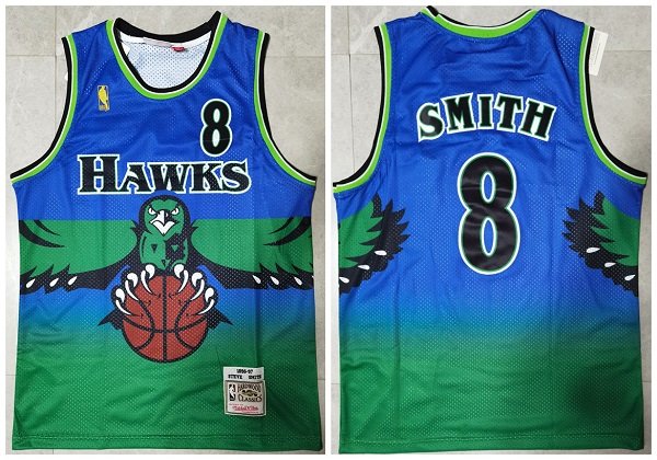 Men's Atlanta Hawks #8 Steve Smith Blue and Green 1996-97 Throwback Swingman Stitched Jersey