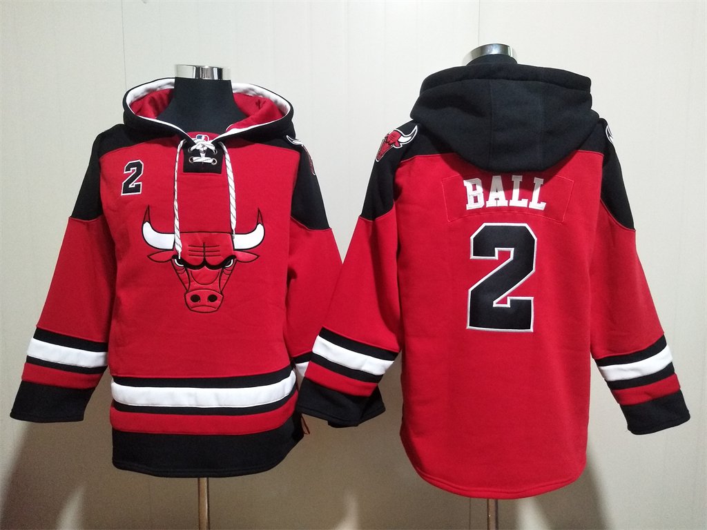 Men's Chicago Bulls #2 Lonzo Ball Red Lace-Up Pullover Hoodie Jersey